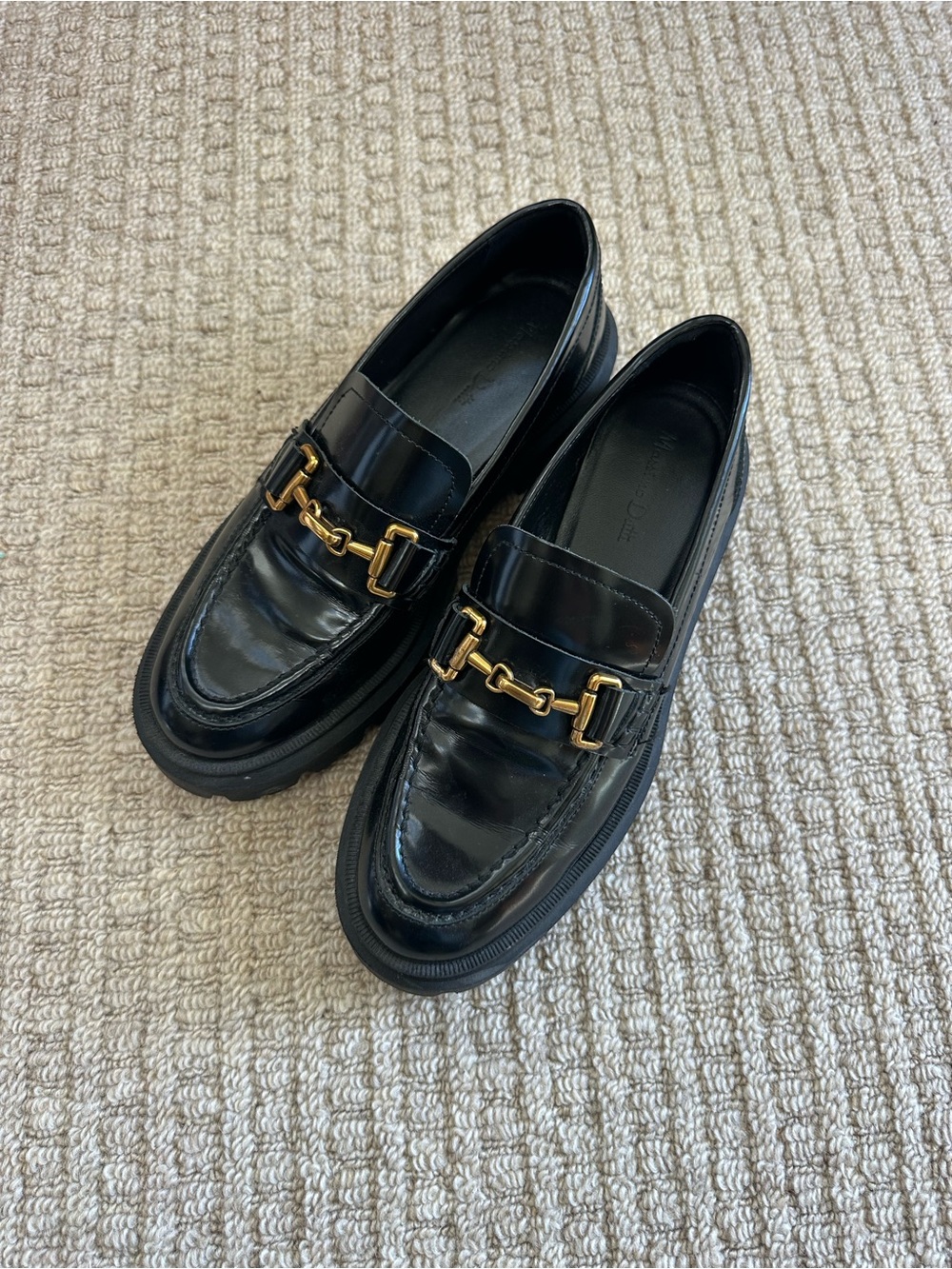 Massimo Dutti Black Leather Gold Horsebit Hardware Mocassin Loafers Sz 37